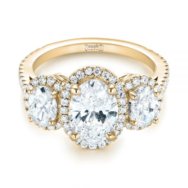 14k Yellow Gold 14k Yellow Gold Custom Three Stone Diamond Halo Engagement Ring - Flat View - 103463