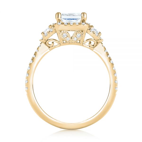 18k Yellow Gold 18k Yellow Gold Custom Three Stone Diamond Halo Engagement Ring - Front View -  103204