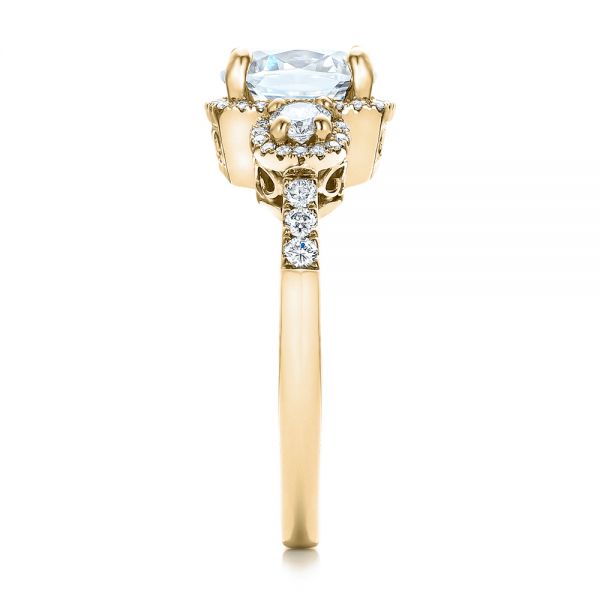 18k Yellow Gold 18k Yellow Gold Custom Three Stone Diamond Halo Engagement Ring - Side View -  101934
