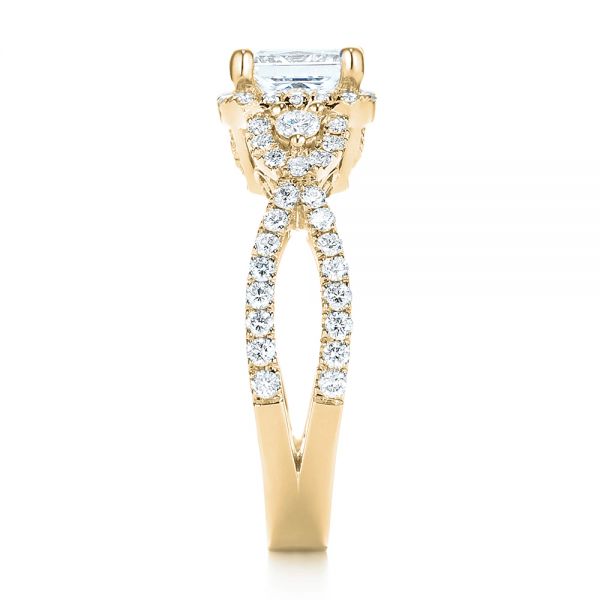 14k Yellow Gold 14k Yellow Gold Custom Three Stone Diamond Halo Engagement Ring - Side View -  103204