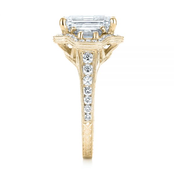 14k Yellow Gold 14k Yellow Gold Custom Three Stone Diamond Halo Engagement Ring - Side View -  103401