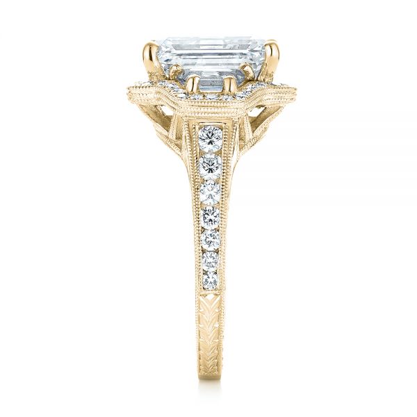 14k Yellow Gold 14k Yellow Gold Custom Three Stone Diamond Halo Engagement Ring - Side View - 103401