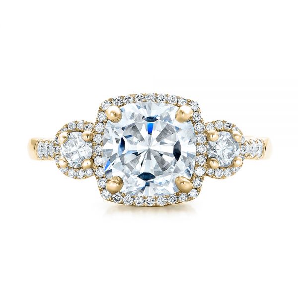 18k Yellow Gold 18k Yellow Gold Custom Three Stone Diamond Halo Engagement Ring - Top View -  101934