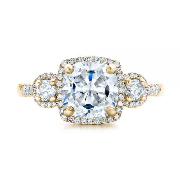 18k Yellow Gold 18k Yellow Gold Custom Three Stone Diamond Halo Engagement Ring - Top View - 101934
