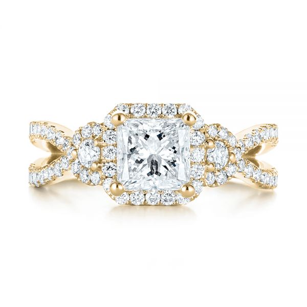 14k Yellow Gold 14k Yellow Gold Custom Three Stone Diamond Halo Engagement Ring - Top View - 103204