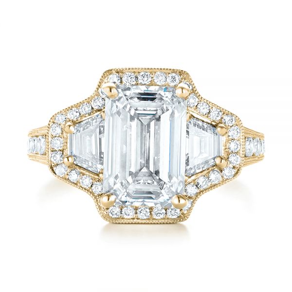 18k Yellow Gold 18k Yellow Gold Custom Three Stone Diamond Halo Engagement Ring - Top View -  103401