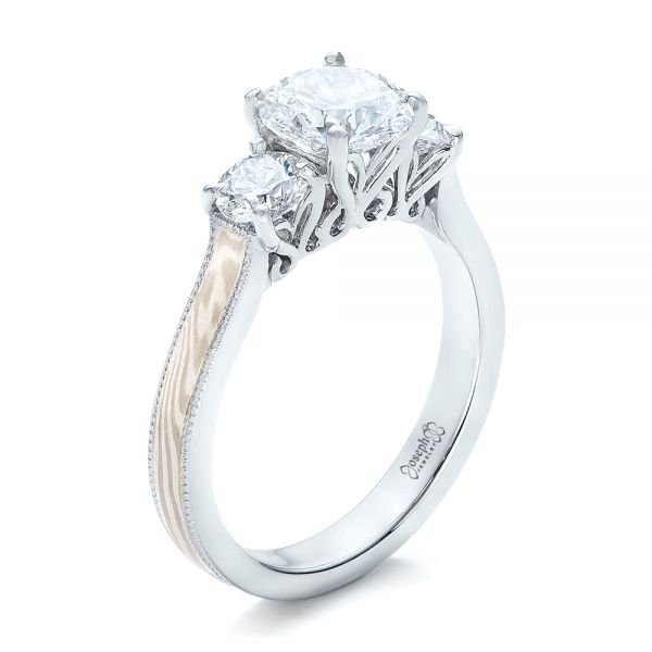 Custom Three Stone Diamond Mokume Engagement Ring - Three-Quarter View - 102199