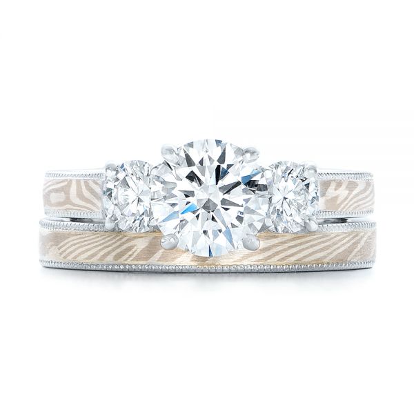 Custom Three Stone Diamond Mokume Engagement Ring - Three-Quarter View -  102199