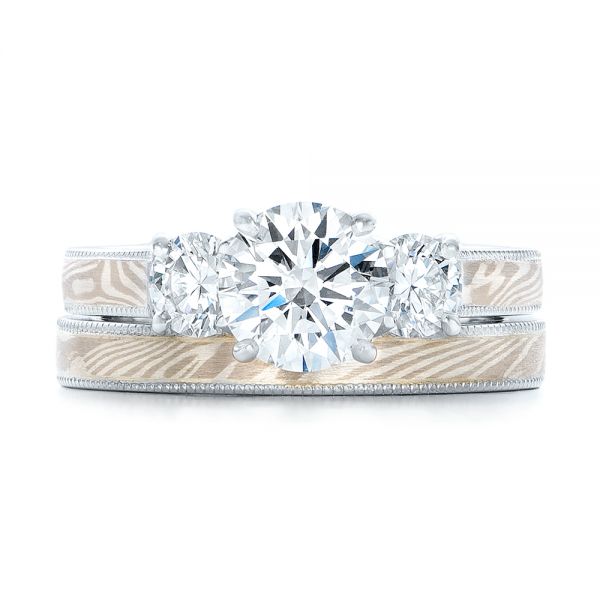 Custom Three Stone Diamond Mokume Engagement Ring - Three-Quarter View - 102199
