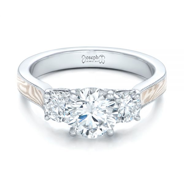 Custom Three Stone Diamond Mokume Engagement Ring - Flat View -  102199