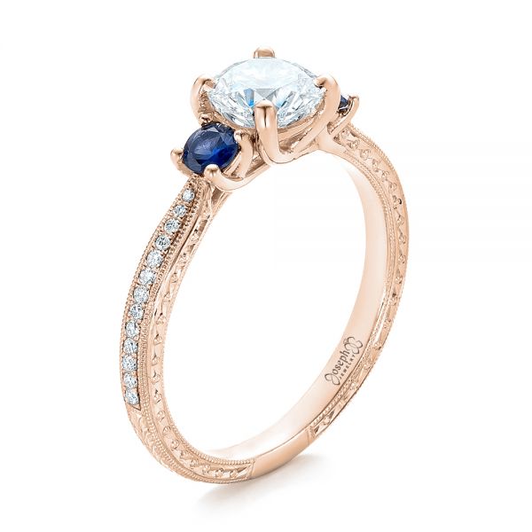 18k Rose Gold 18k Rose Gold Custom Three-stone Diamond And Blue Sapphire Engagement Ring - Three-Quarter View -  102141