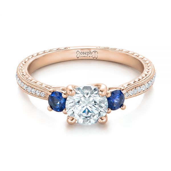 18k Rose Gold 18k Rose Gold Custom Three-stone Diamond And Blue Sapphire Engagement Ring - Flat View -  102141