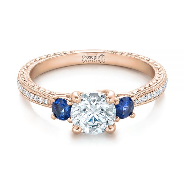14k Rose Gold 14k Rose Gold Custom Three-stone Diamond And Blue Sapphire Engagement Ring - Flat View - 102141