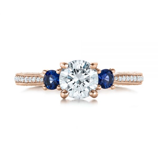 18k Rose Gold 18k Rose Gold Custom Three-stone Diamond And Blue Sapphire Engagement Ring - Top View -  102141