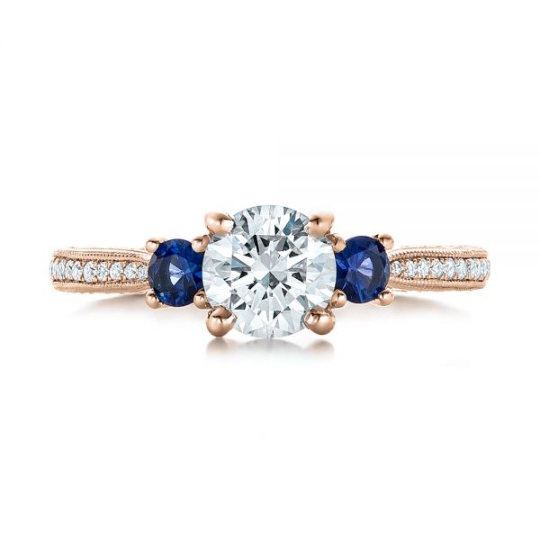 14k Rose Gold 14k Rose Gold Custom Three-stone Diamond And Blue Sapphire Engagement Ring - Top View - 102141