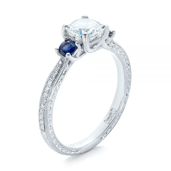 Custom Three-Stone Diamond and Blue Sapphire Engagement Ring - Image