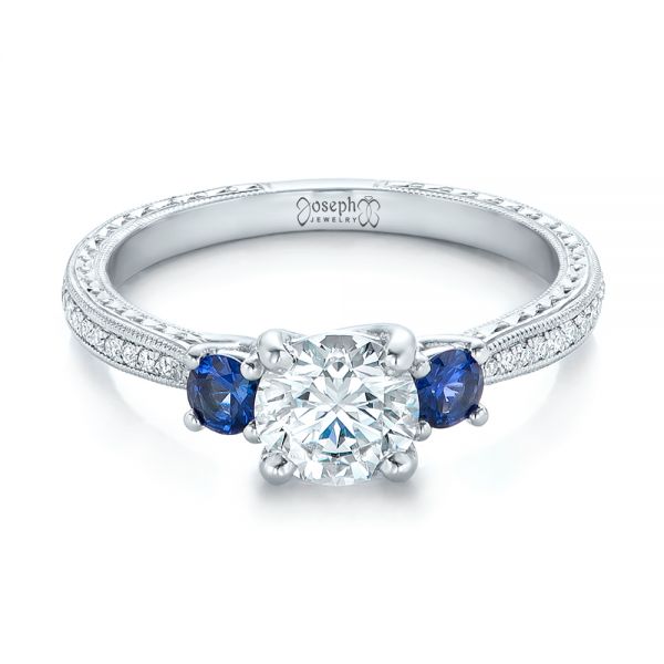  Platinum Custom Three-stone Diamond And Blue Sapphire Engagement Ring - Flat View -  102141