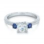  Platinum Custom Three-stone Diamond And Blue Sapphire Engagement Ring - Flat View -  102141 - Thumbnail