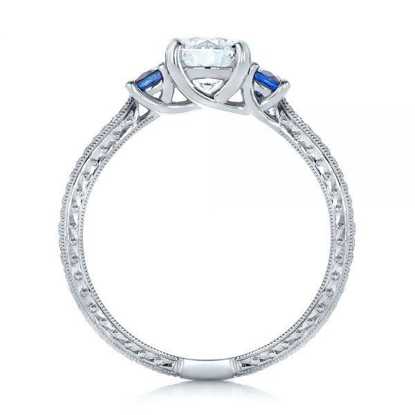  Platinum Custom Three-stone Diamond And Blue Sapphire Engagement Ring - Front View -  102141