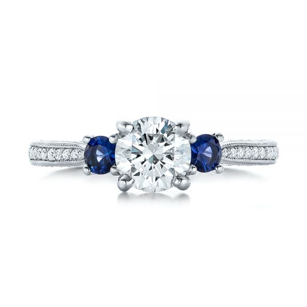  Platinum Custom Three-stone Diamond And Blue Sapphire Engagement Ring - Top View -  102141