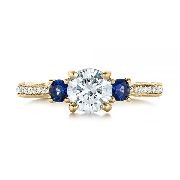 18k Yellow Gold 18k Yellow Gold Custom Three-stone Diamond And Blue Sapphire Engagement Ring - Top View -  102141