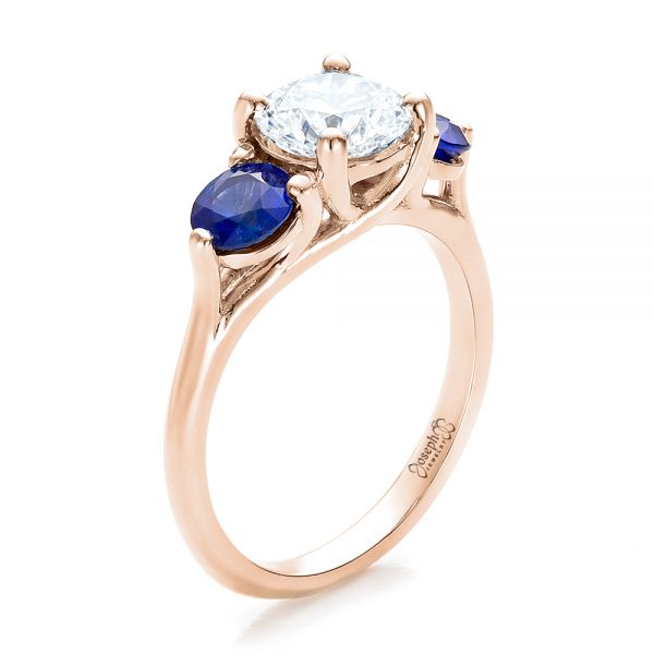 14k Rose Gold 14k Rose Gold Custom Three Stone Diamond And Sapphire Engagement Ring - Three-Quarter View -  100483