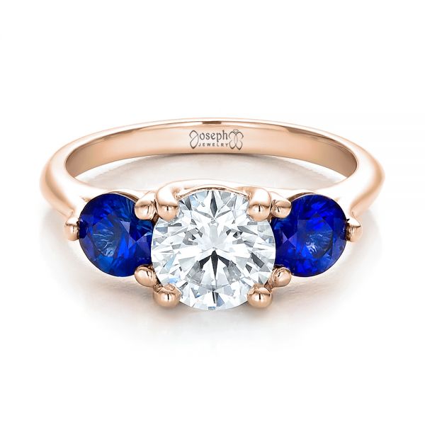 18k Rose Gold 18k Rose Gold Custom Three Stone Diamond And Sapphire Engagement Ring - Flat View -  100483