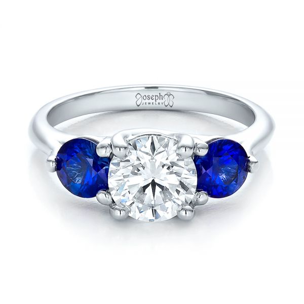 14k White Gold 14k White Gold Custom Three Stone Diamond And Sapphire Engagement Ring - Flat View -  100483