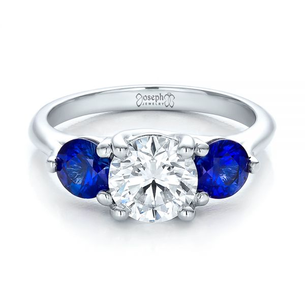 Platinum Custom Three Stone Diamond And Sapphire Engagement Ring - Flat View - 100483