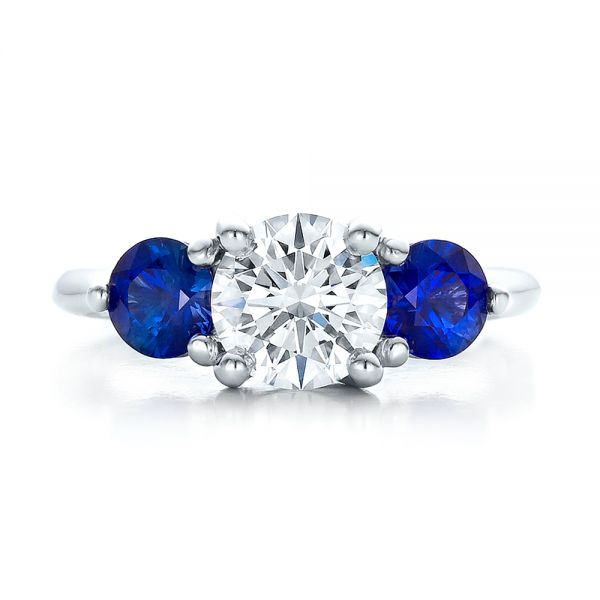 Platinum Custom Three Stone Diamond And Sapphire Engagement Ring - Top View - 100483