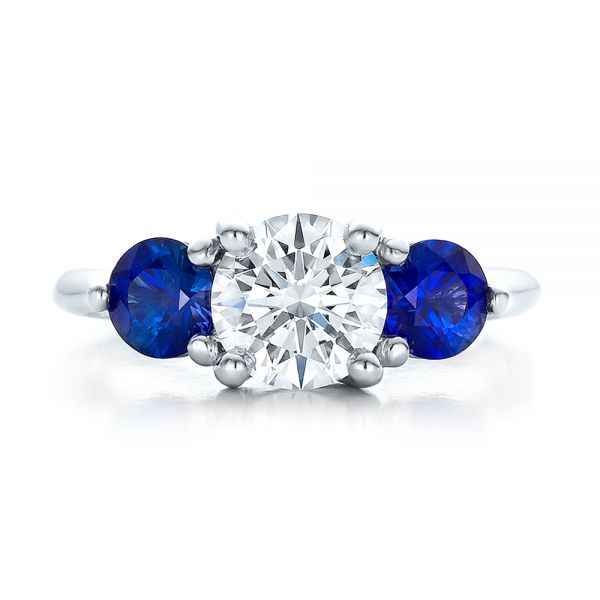 14k White Gold 14k White Gold Custom Three Stone Diamond And Sapphire Engagement Ring - Top View -  100483