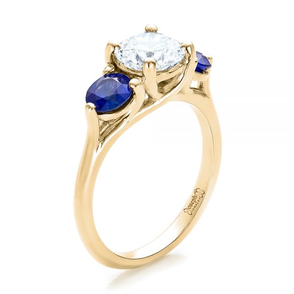18k Yellow Gold 18k Yellow Gold Custom Three Stone Diamond And Sapphire Engagement Ring - Three-Quarter View -  100483