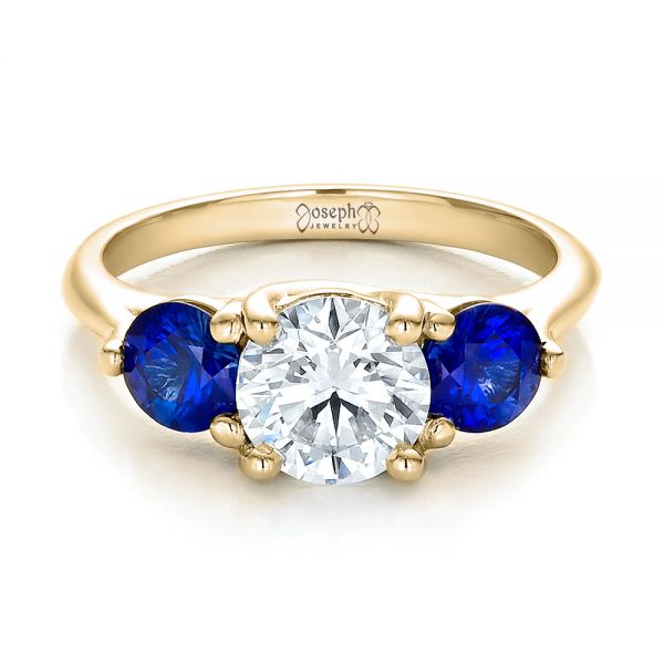 18k Yellow Gold 18k Yellow Gold Custom Three Stone Diamond And Sapphire Engagement Ring - Flat View -  100483
