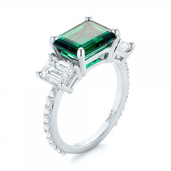 Custom Three Stone Emerald and Diamond Engagement Ring - Image