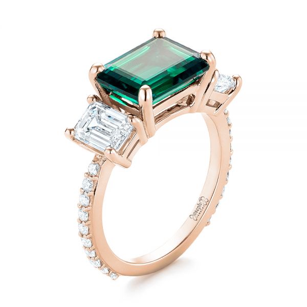 14k Rose Gold 14k Rose Gold Custom Three Stone Emerald And Diamond Engagement Ring - Three-Quarter View -  103528