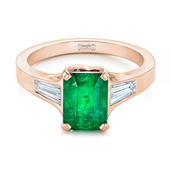 18k Rose Gold 18k Rose Gold Custom Three Stone Emerald And Diamond Engagement Ring - Flat View -  102741