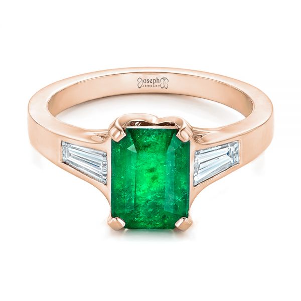 14k Rose Gold 14k Rose Gold Custom Three Stone Emerald And Diamond Engagement Ring - Flat View -  102741