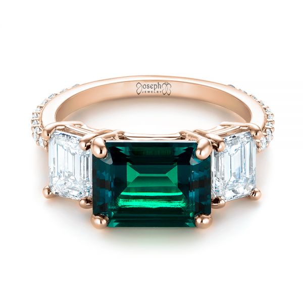 14k Rose Gold 14k Rose Gold Custom Three Stone Emerald And Diamond Engagement Ring - Flat View -  103528
