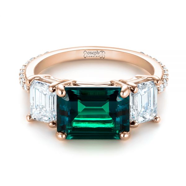 14k Rose Gold 14k Rose Gold Custom Three Stone Emerald And Diamond Engagement Ring - Flat View - 103528