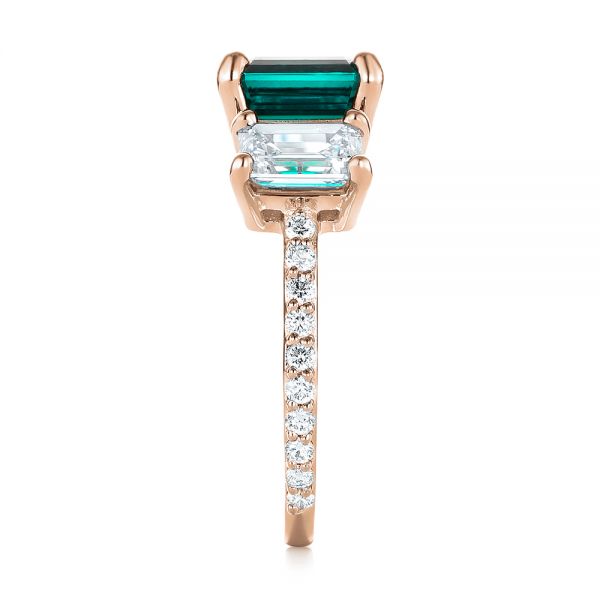 18k Rose Gold 18k Rose Gold Custom Three Stone Emerald And Diamond Engagement Ring - Side View -  103528