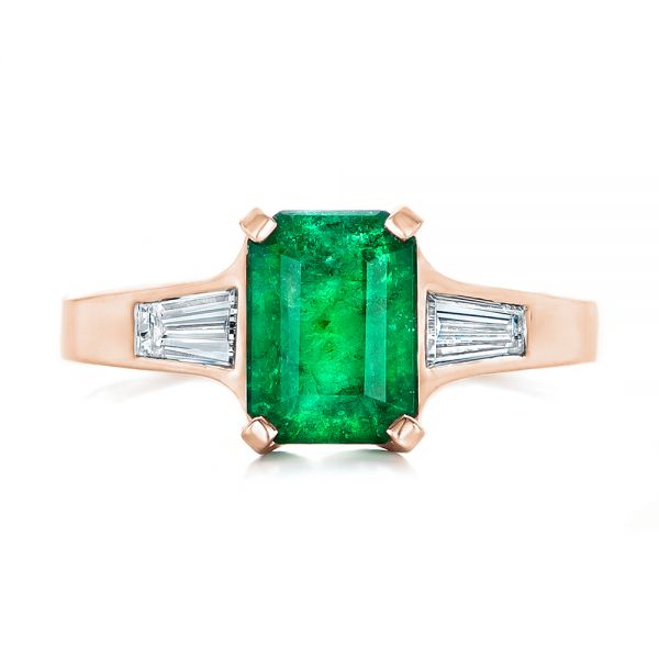 18k Rose Gold 18k Rose Gold Custom Three Stone Emerald And Diamond Engagement Ring - Top View -  102741