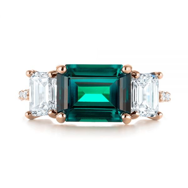 14k Rose Gold 14k Rose Gold Custom Three Stone Emerald And Diamond Engagement Ring - Top View - 103528