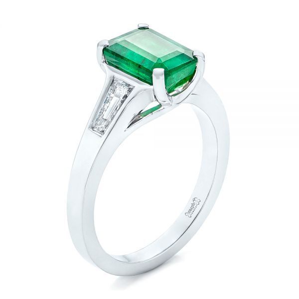 18k White Gold Custom Three Stone Emerald And Diamond Engagement Ring - Three-Quarter View -  102741