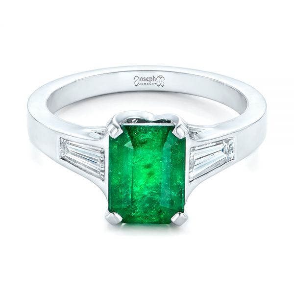 18k White Gold Custom Three Stone Emerald And Diamond Engagement Ring - Flat View -  102741