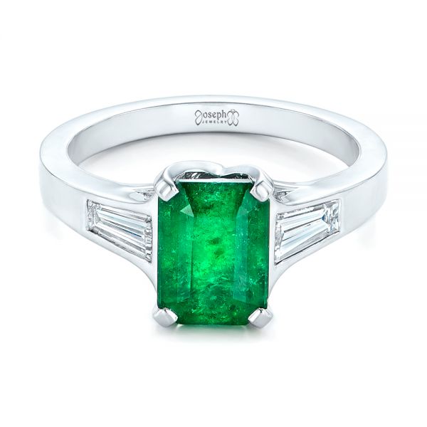 18k White Gold Custom Three Stone Emerald And Diamond Engagement Ring - Flat View - 102741