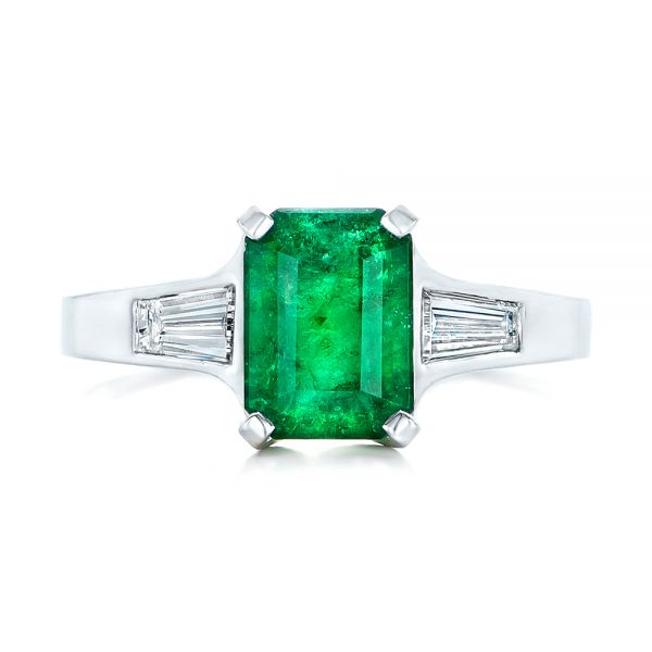 18k White Gold Custom Three Stone Emerald And Diamond Engagement Ring - Top View -  102741