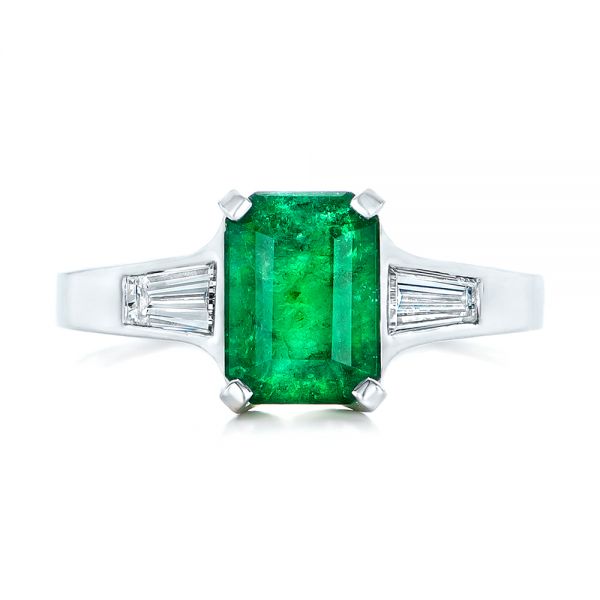 18k White Gold Custom Three Stone Emerald And Diamond Engagement Ring - Top View - 102741