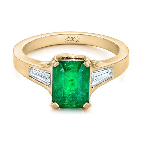 14k Yellow Gold 14k Yellow Gold Custom Three Stone Emerald And Diamond Engagement Ring - Flat View -  102741