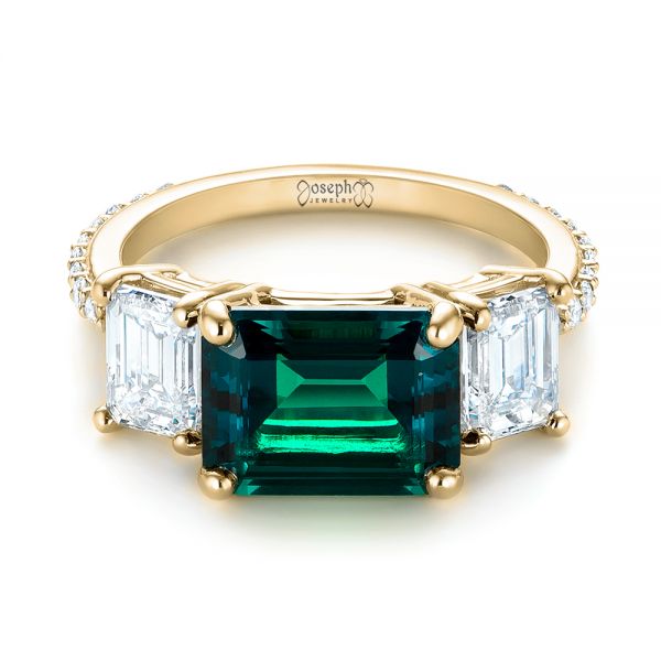 14k Yellow Gold 14k Yellow Gold Custom Three Stone Emerald And Diamond Engagement Ring - Flat View -  103528