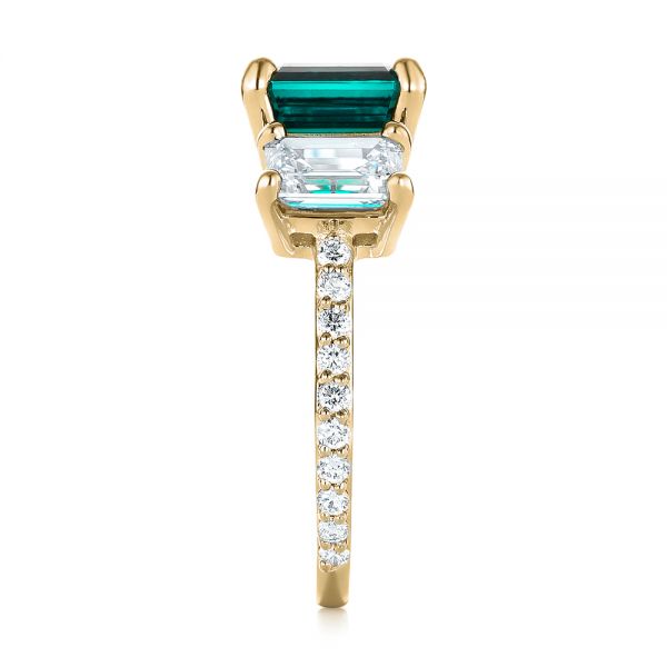 18k Yellow Gold 18k Yellow Gold Custom Three Stone Emerald And Diamond Engagement Ring - Side View - 103528